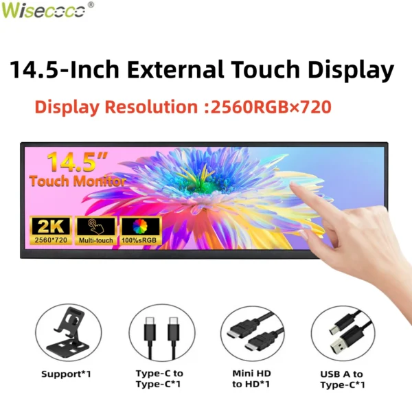Wisecoco12.3/14.5 ''2560x720 barre étirée écran Pc moniteur HDMI tactile Portable moniteur de jeu pour PC Portable Raspberry Pi 5/4/3
