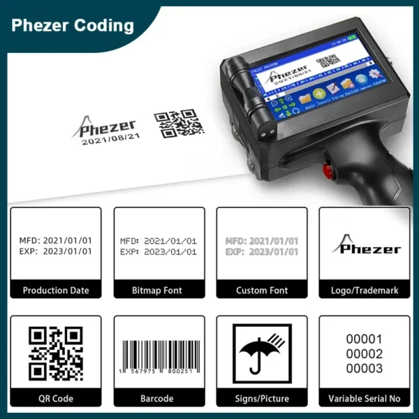 Phezer 12.7/25.4mm imprimante d'étiquettes imprimante à jet d'encre portable QR Bar Code de lot Date numéro Logo Date d'expiration Machine de codage Portable